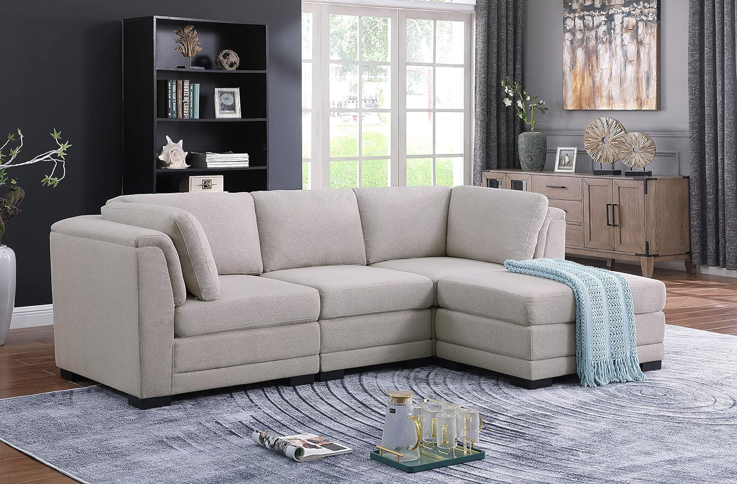 Latitude Run Light Grey Linen Fabric Reversible Sectional Sofa With